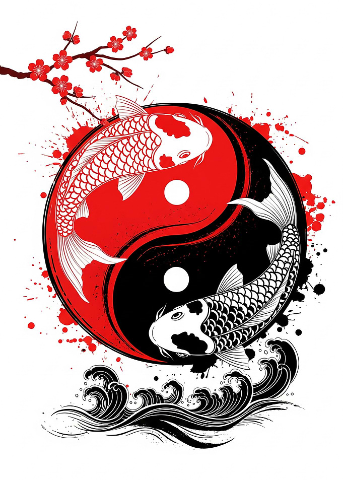 Yin Yang Koi Fish and Cherry Blossoms