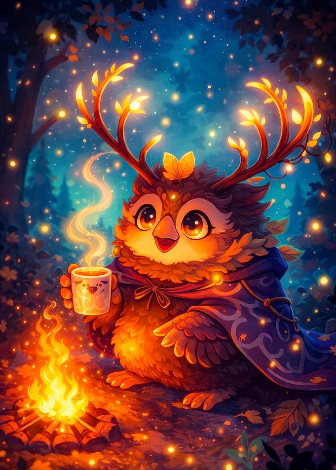 Cute Owl with Antlers Holding Coffee by Campfire