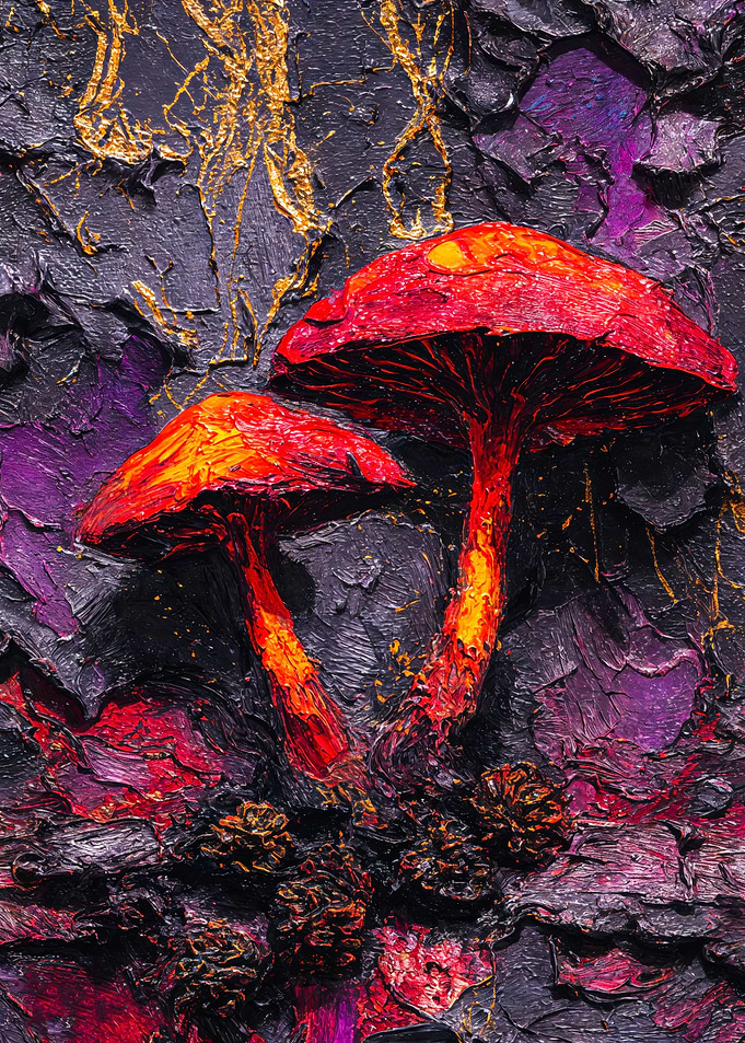Red Textured Forest Mushroom Painting