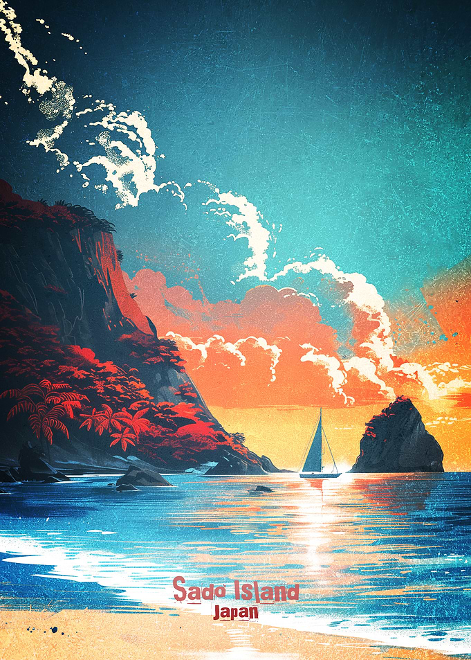 Sado Island Japan Sailboat Sunset Poster