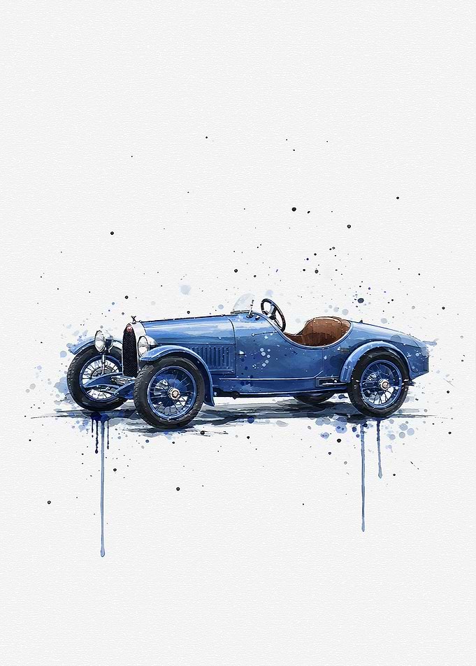 Blue Vintage Race Car Watercolor