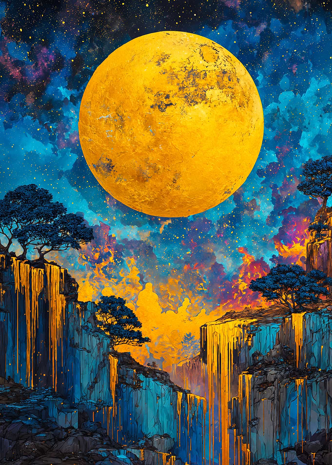 Vibrant Moon Golden Waterfall Landscape
