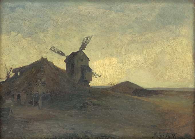 Windmill and thatched building on a hill