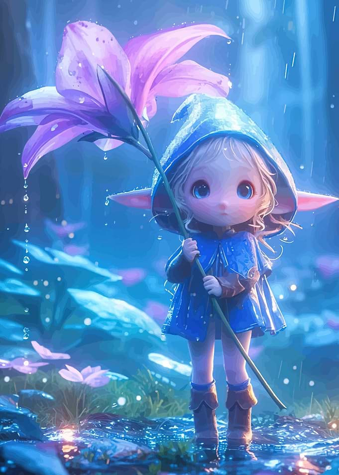 Cute Elf Holding a Flower in the Rain