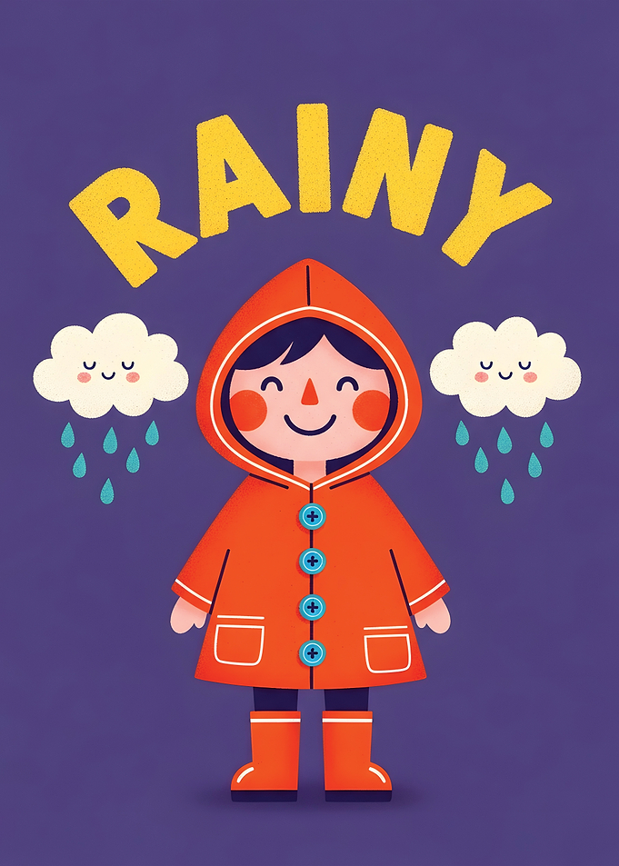 Cute child in raincoat on a rainy day