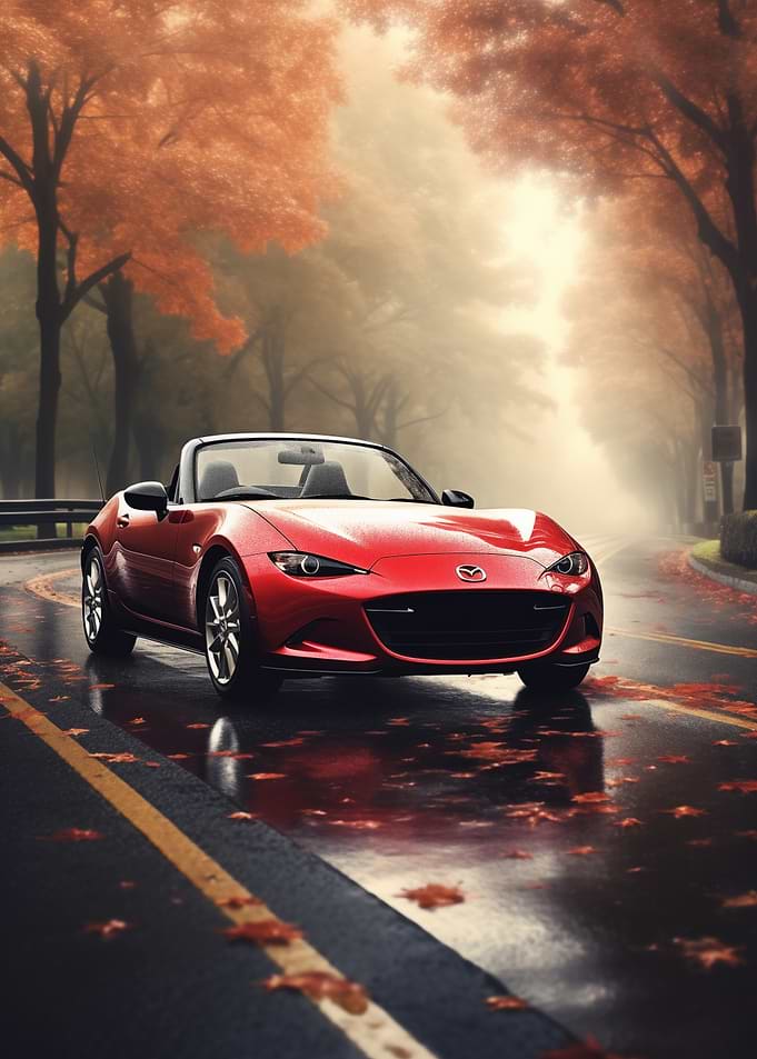 Red car on a wet autumn road