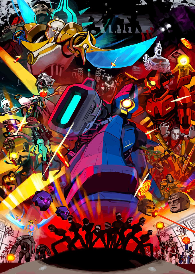 Robots and futuristic warriors in battle