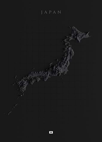 Japan Topographic Map - Dark, Shaded Relief 3D Elevation Poster