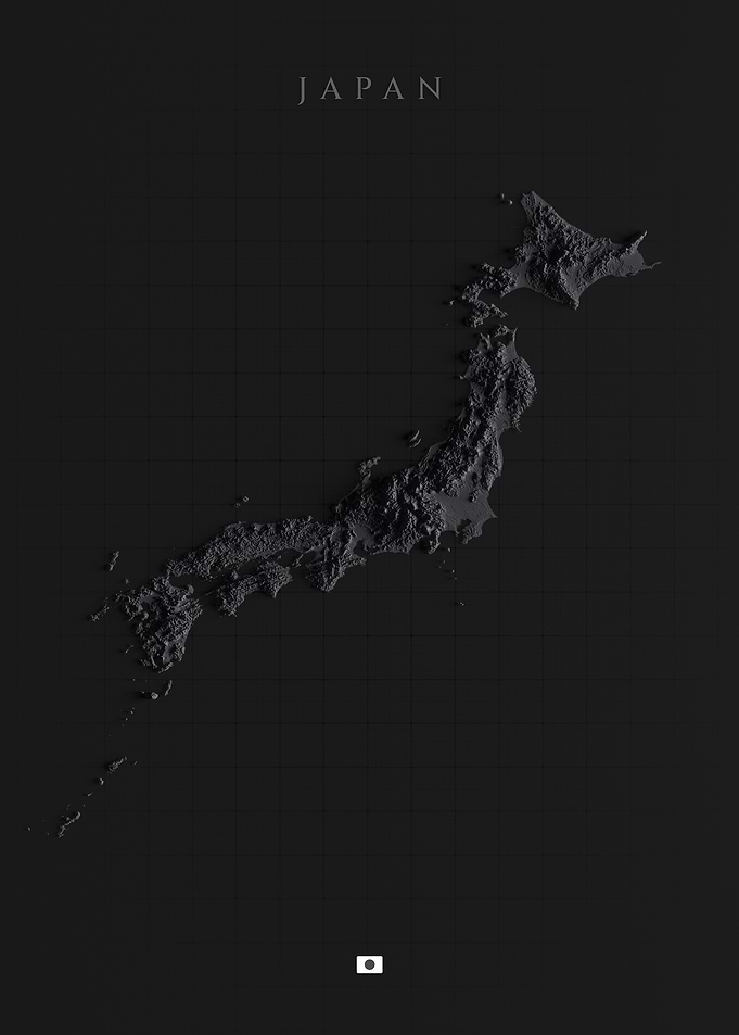 Japan Topographic Map - Dark, Shaded Relief 3D Elevation Poster