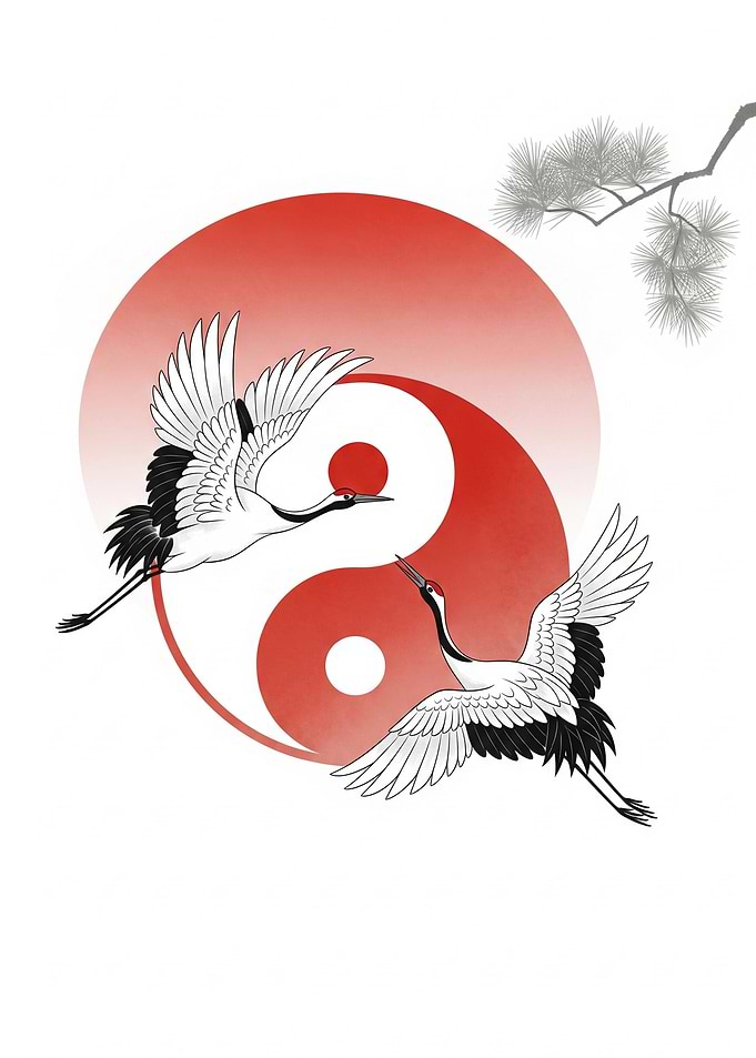 Yin Yang Cranes and Pine Branch