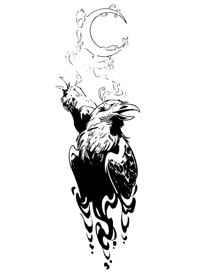 Raven and Crescent Moon Tattoo Design