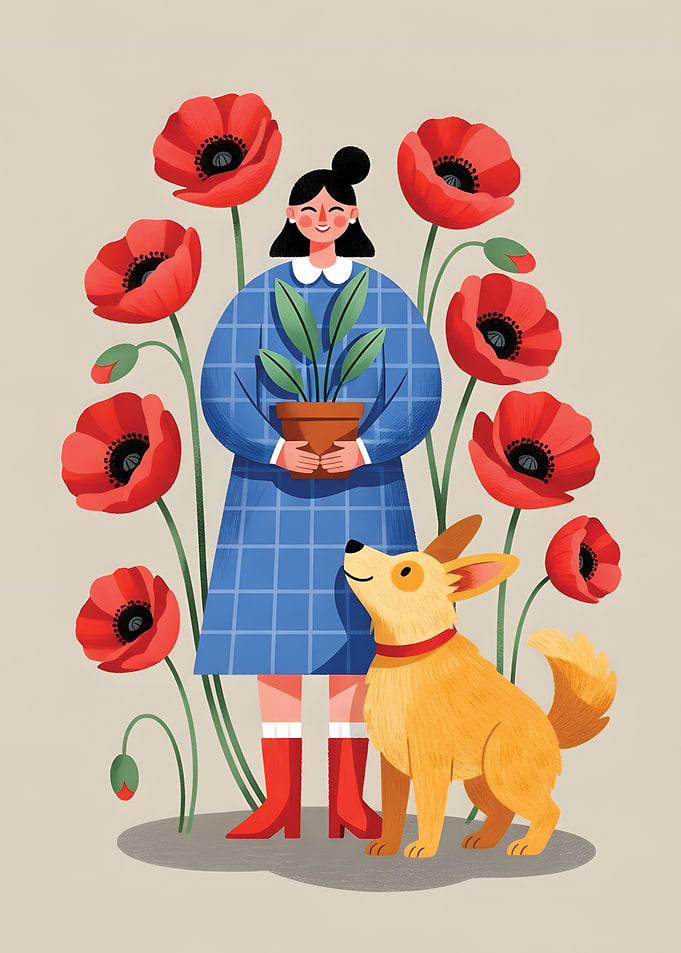 Woman and Dog with Poppies