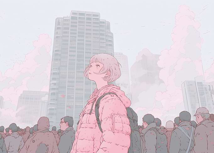 Girl looking up in a city crowd