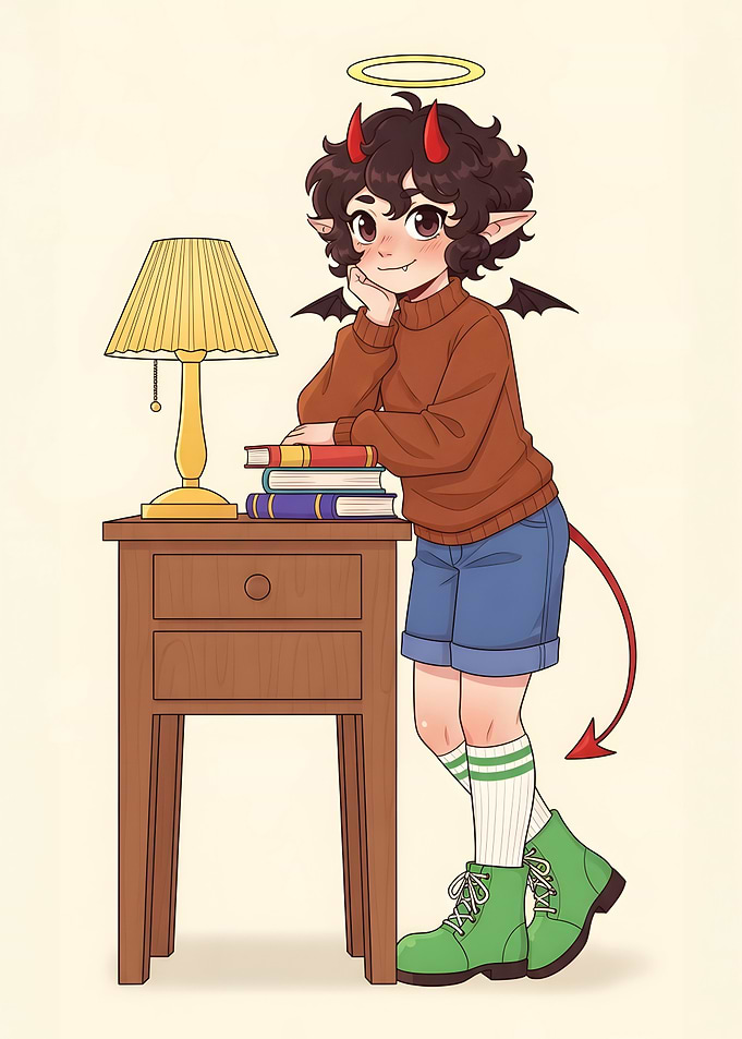 Cute Devil-Angel Hybrid with Books