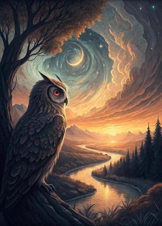 Majestic Owl Overlooking a Serene Landscape