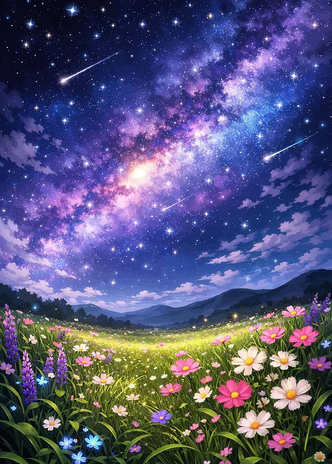 Starry Night Meadow with Shooting Stars