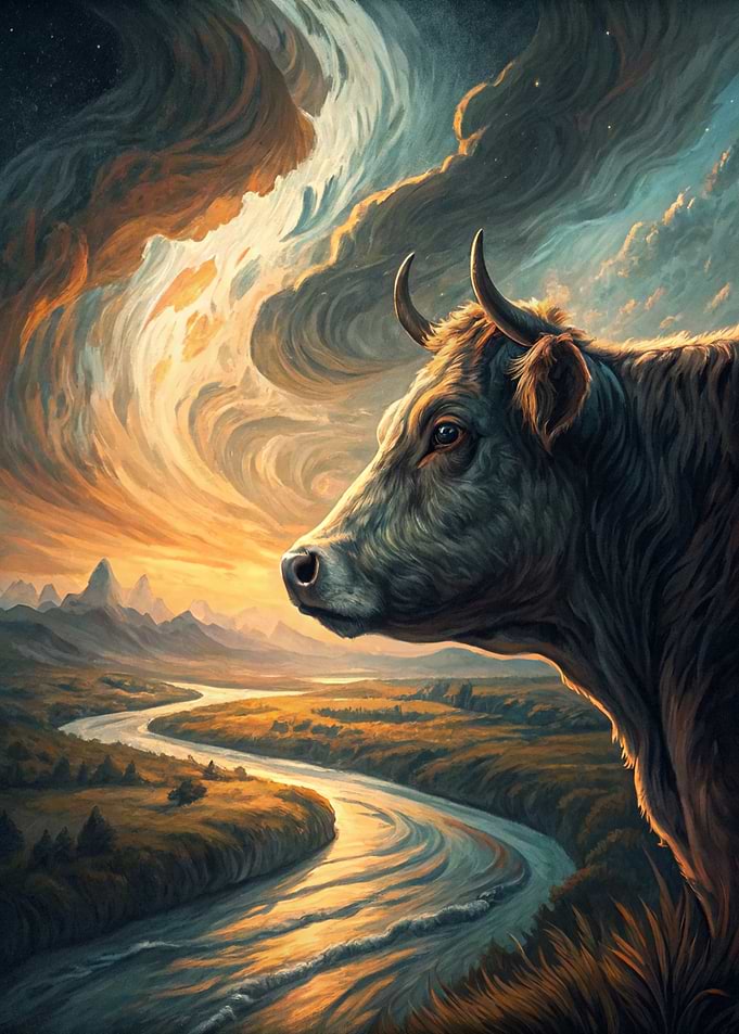 Majestic Cow Overlooking a Winding River