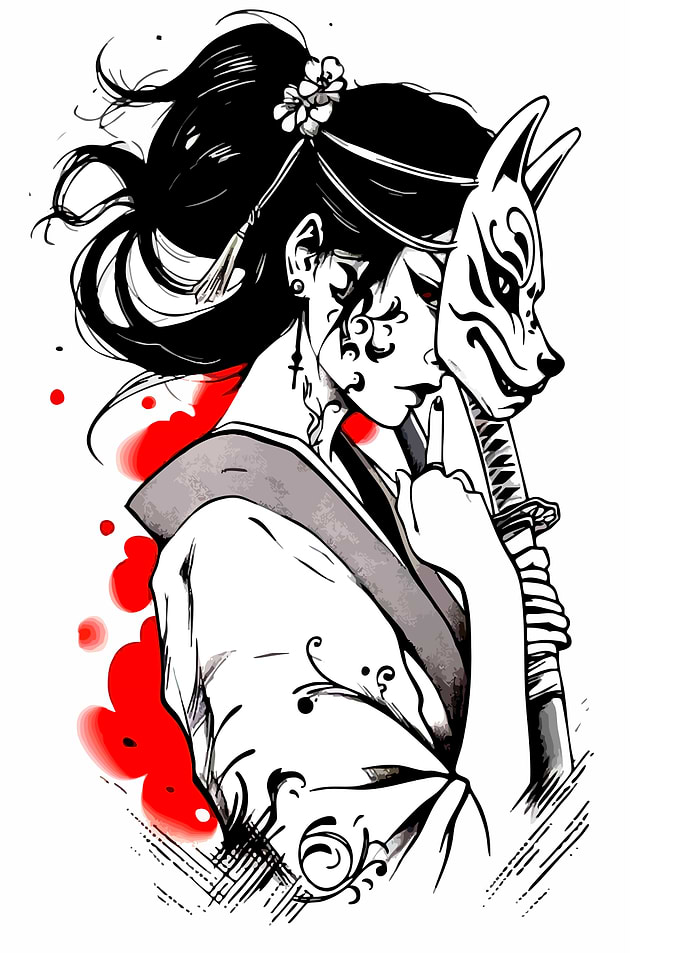 Geisha with Kitsune Mask and Katana
