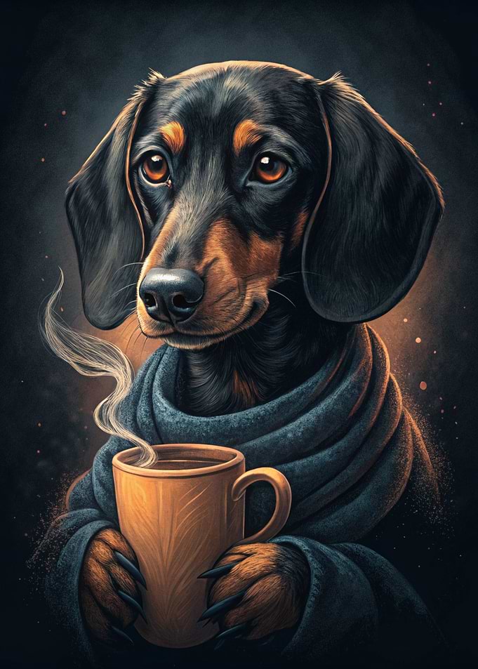 Dachshund with Coffee and Scarf