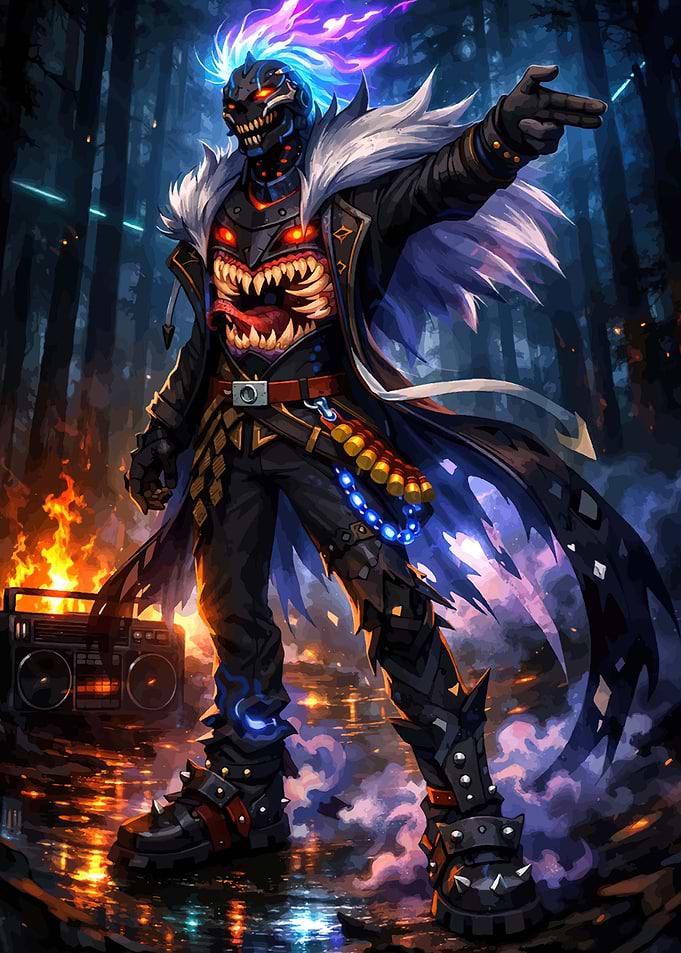 Fiery Skull Character with Boombox