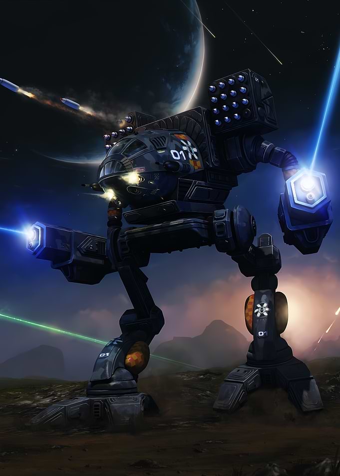 BattleMech firing lasers and missiles