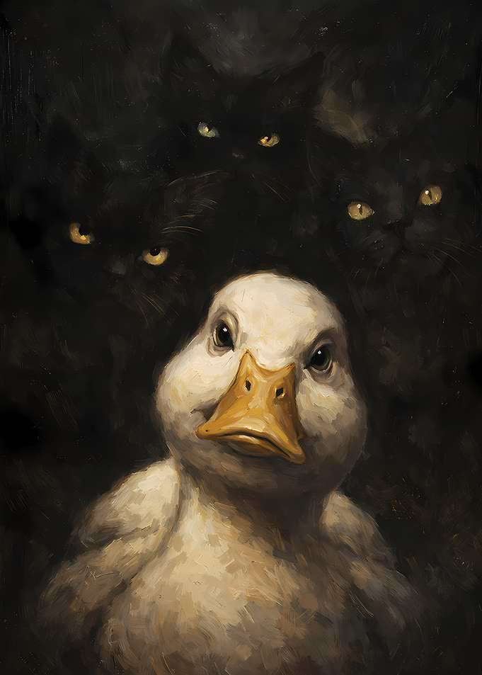 Duck surrounded by black cats