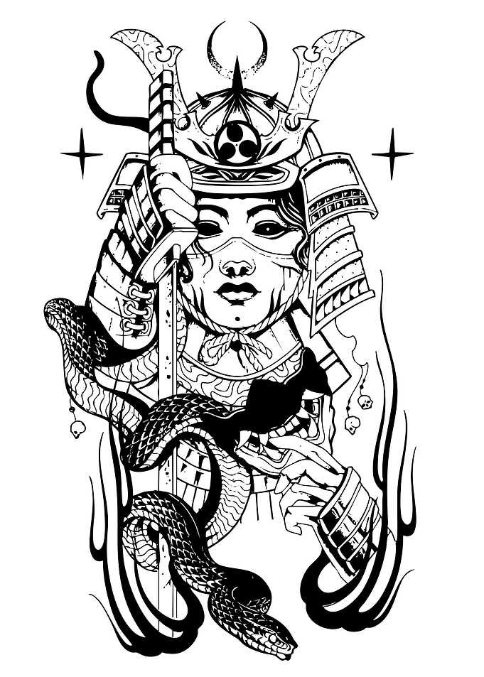 Samurai Woman with Snake and Sword