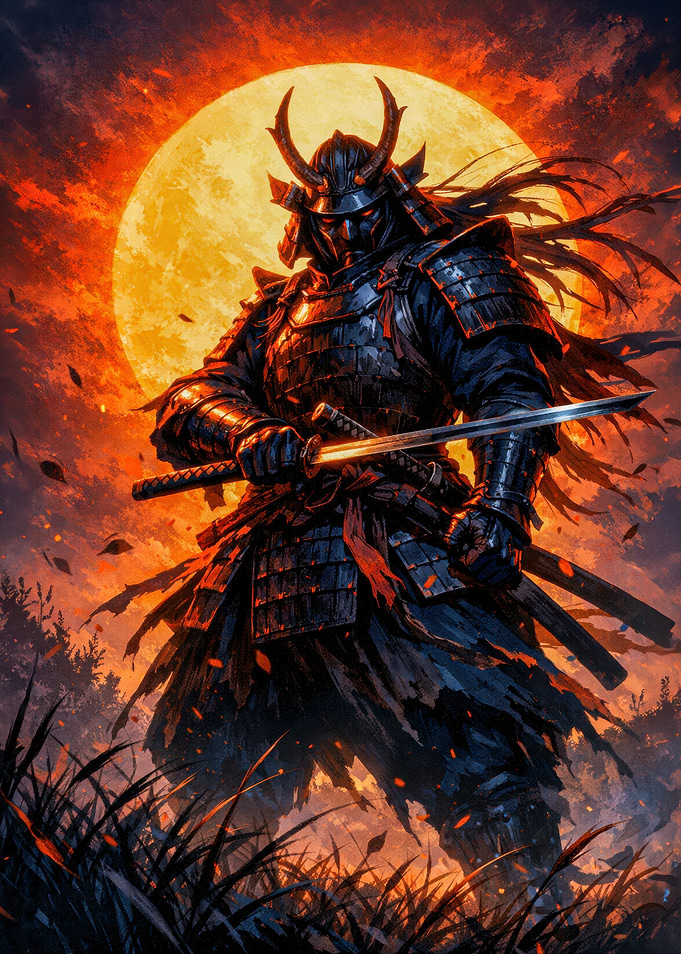 Samurai Warrior Under a Full Moon