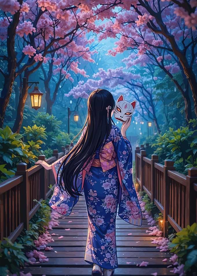 Woman in Kimono with Fox Mask