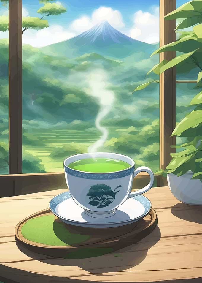 Steaming Cup of Green Tea Mountain View