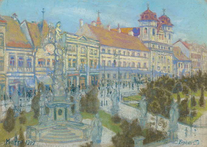 City Square with Monument and Buildings