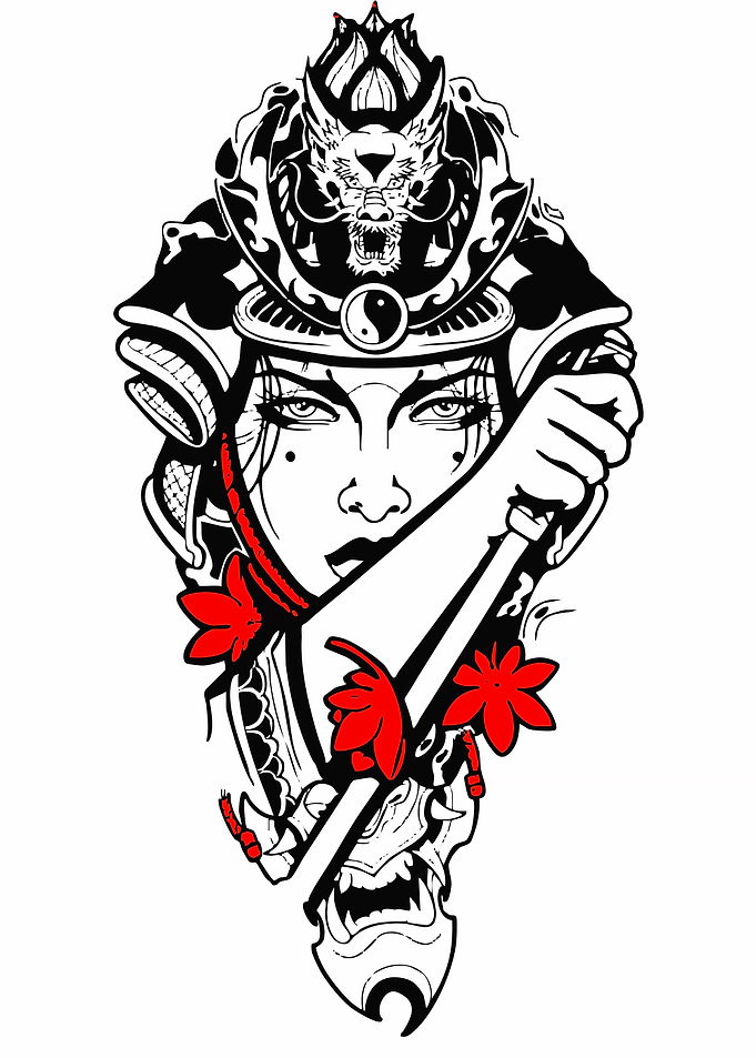 Samurai Woman with Dragon Helmet and Sword