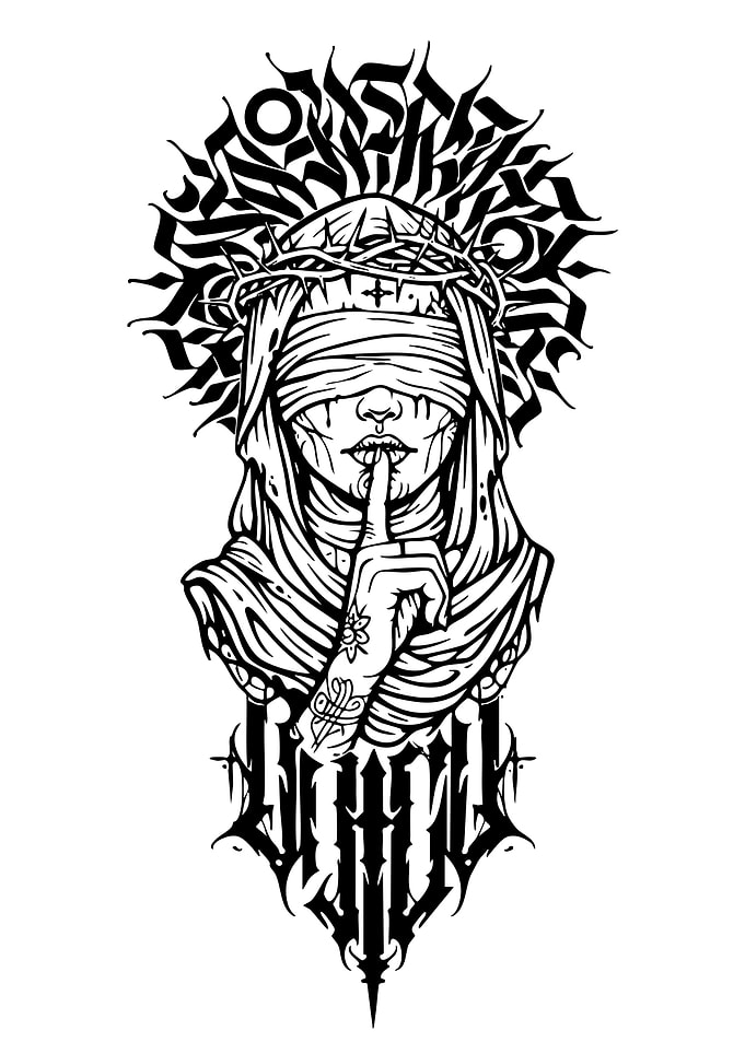 Blindfolded figure with crown of thorns