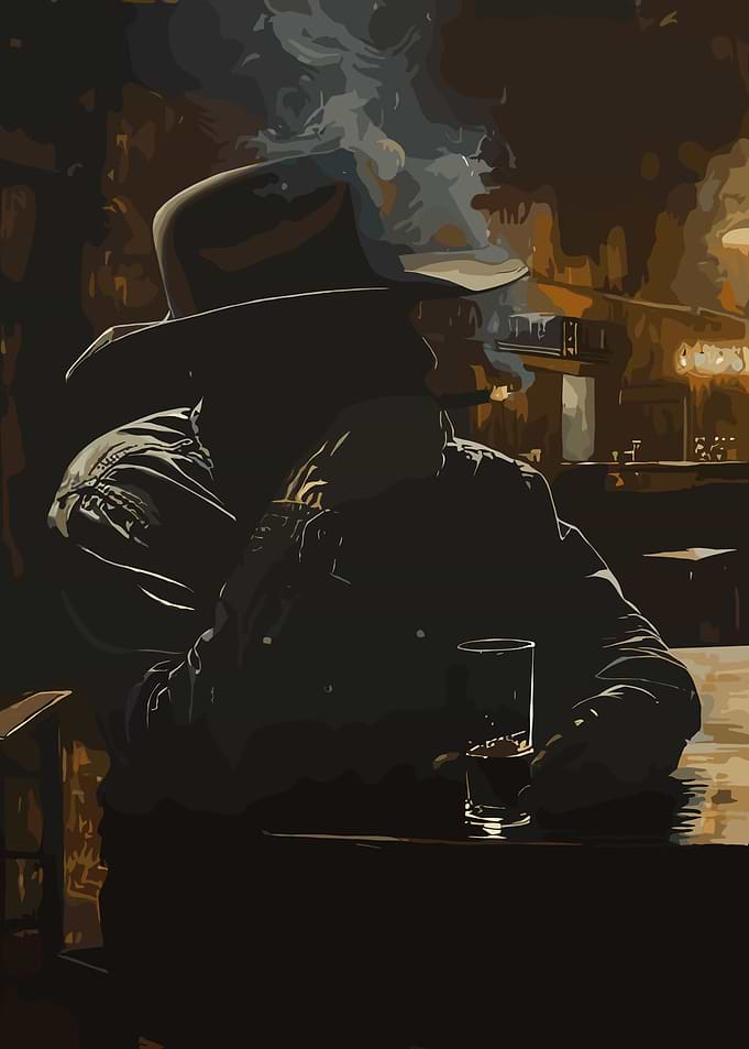 Cowboy smoking and drinking in a bar