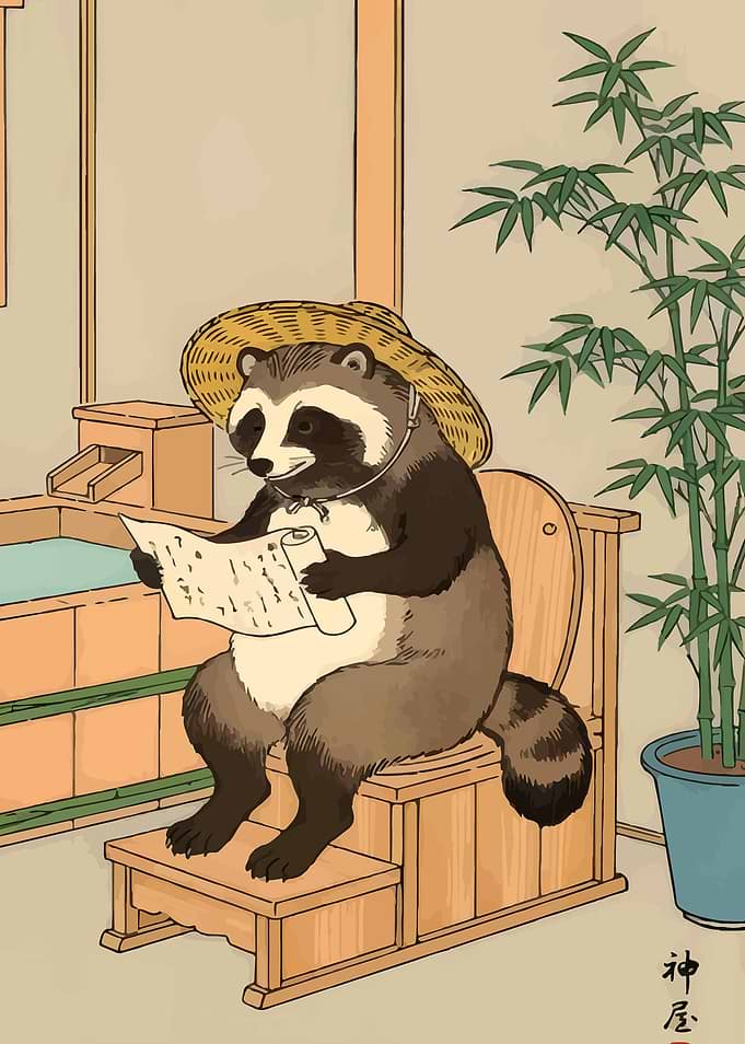 Raccoon Reading Scroll in Japanese Setting