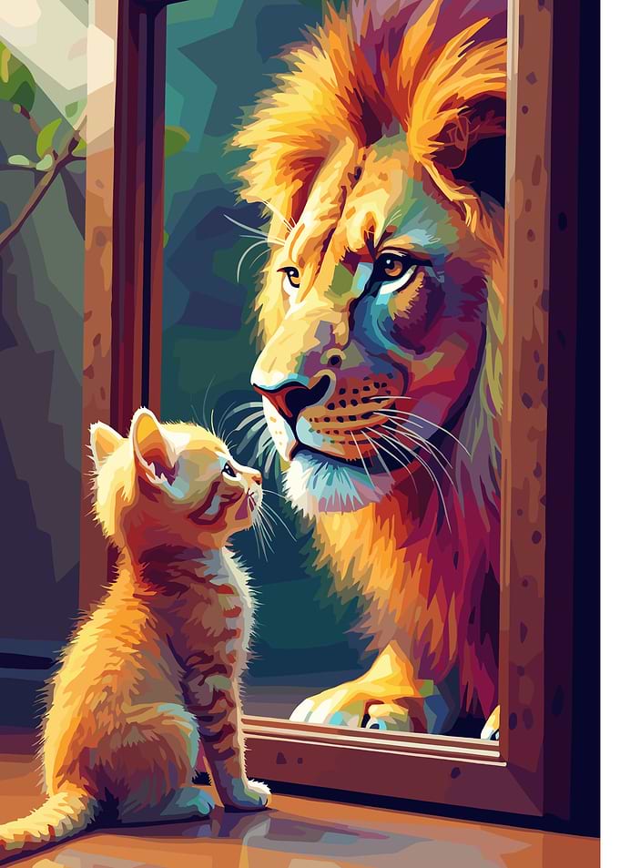Kitten looks at lion reflection