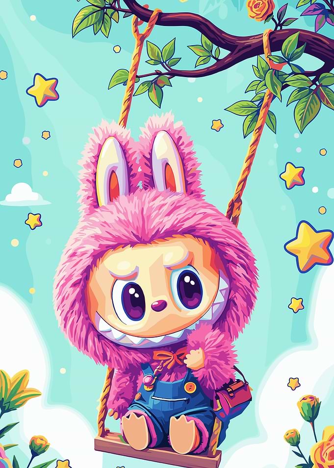 Cute Pink Monster on a Swing