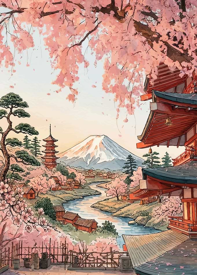 Japanese Landscape with Cherry Blossoms