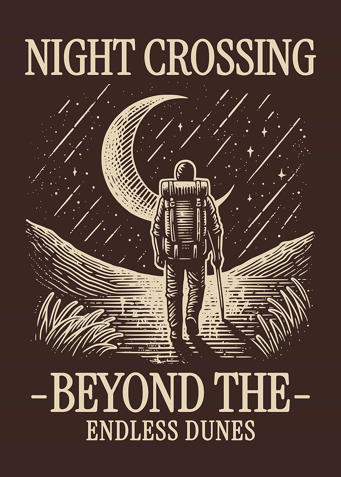 Night Crossing Poster, Astronaut Desert Wall Art, Space Explorer Illustration, Cosmic Landscape Decor