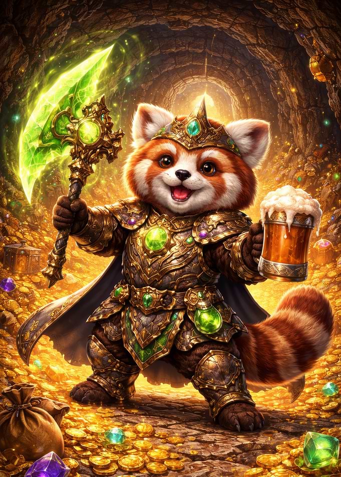 Red Panda King with Axe and Beer