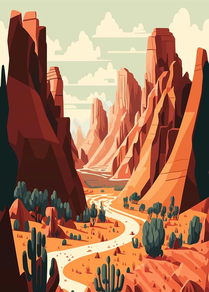 Desert Canyon Landscape with Cacti