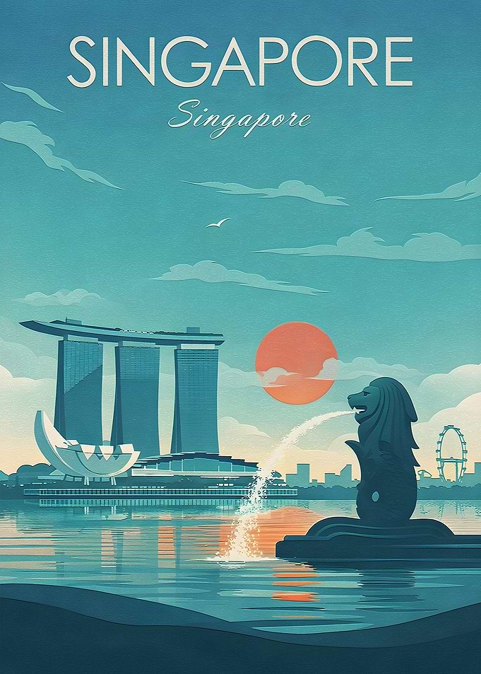 Singapore Skyline with Merlion Fountain