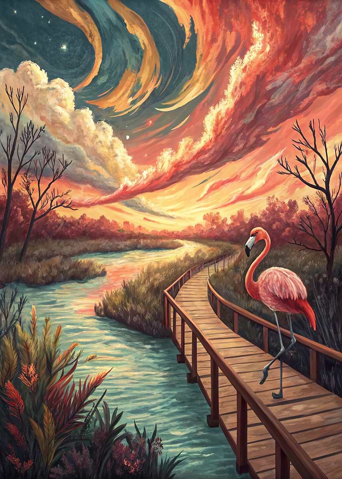 Flamingo on a Boardwalk at Sunset