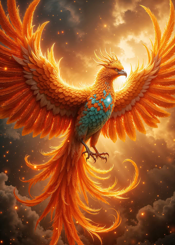 Majestic Fiery Phoenix in the Clouds