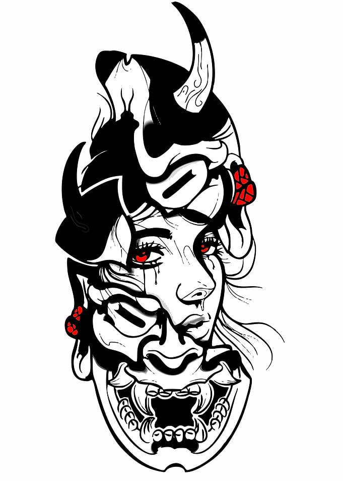 Japanese Oni Mask and Woman Portrait