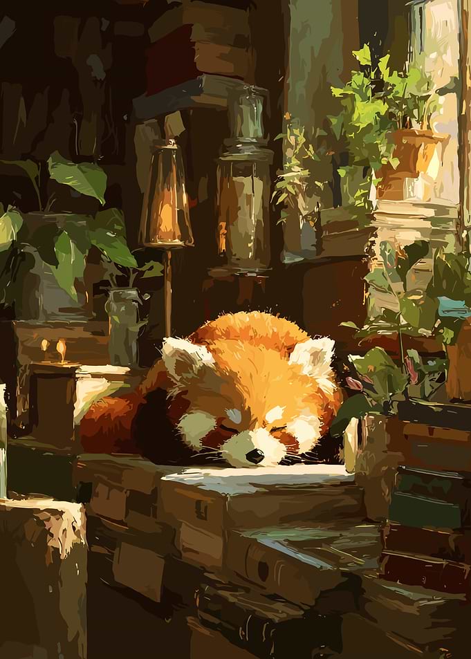 Red Panda Sleeping Among Books and Plants