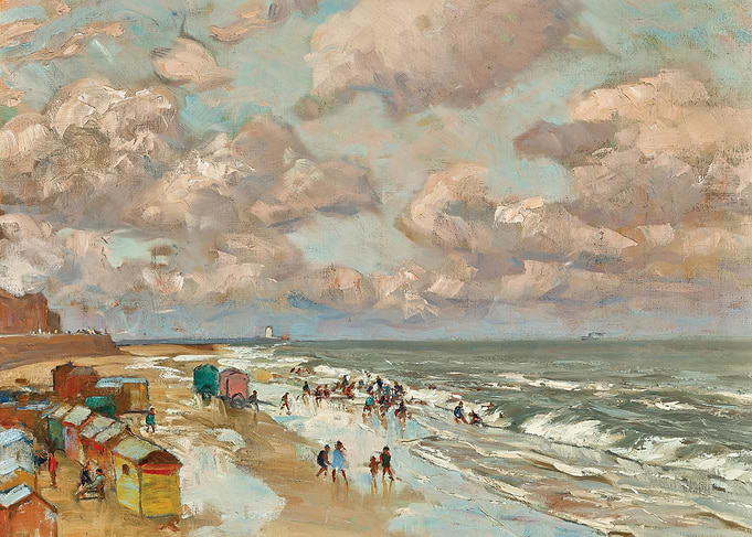 Impressionist Beach Scene with Beach Huts and People