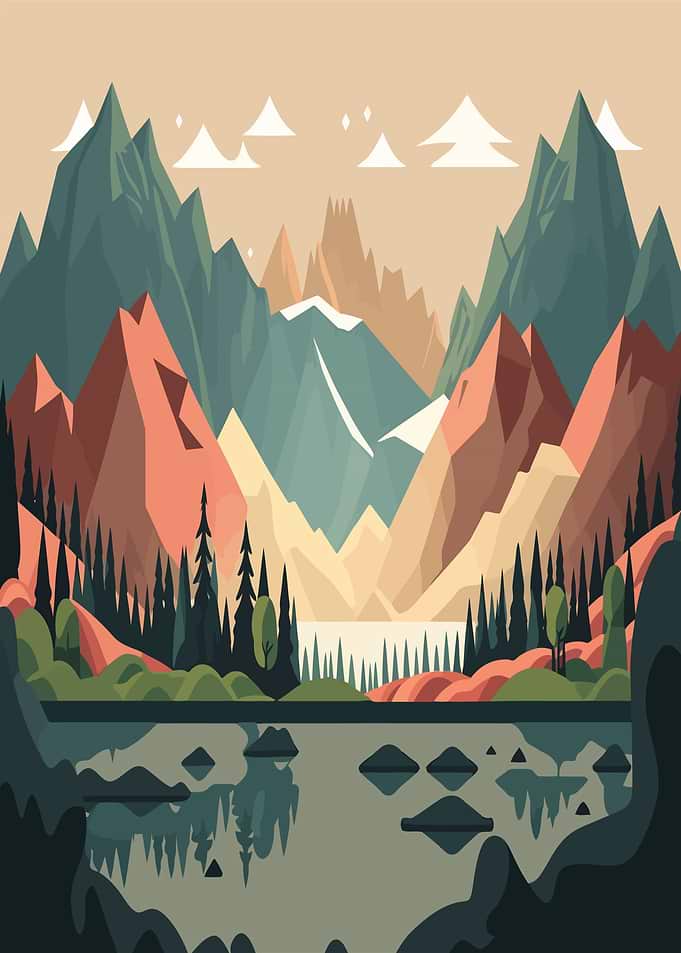 Geometric Mountain Landscape with Lake