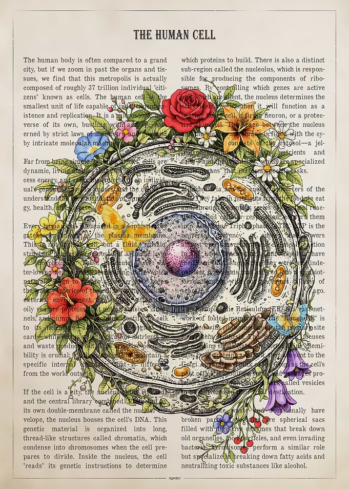 Human Cell Anatomy with Floral Wreath