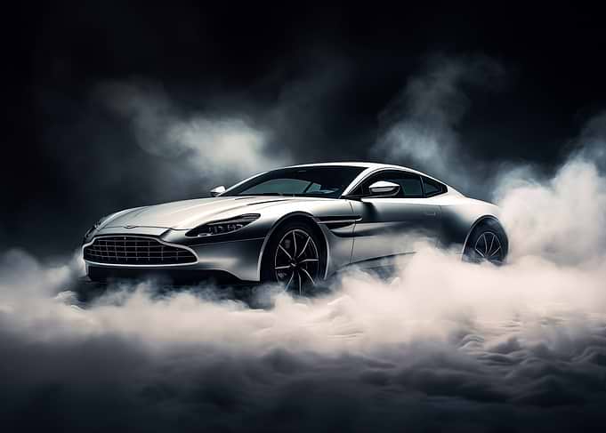 Silver Aston Martin in Smoke